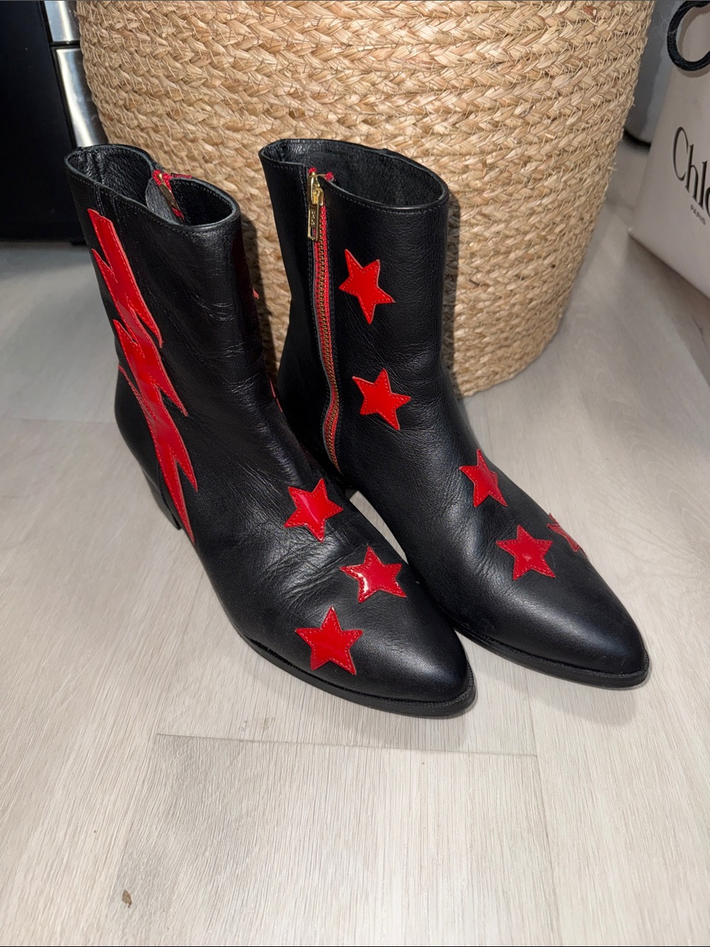 Black Leather Ankle Boots with Red Star Accents